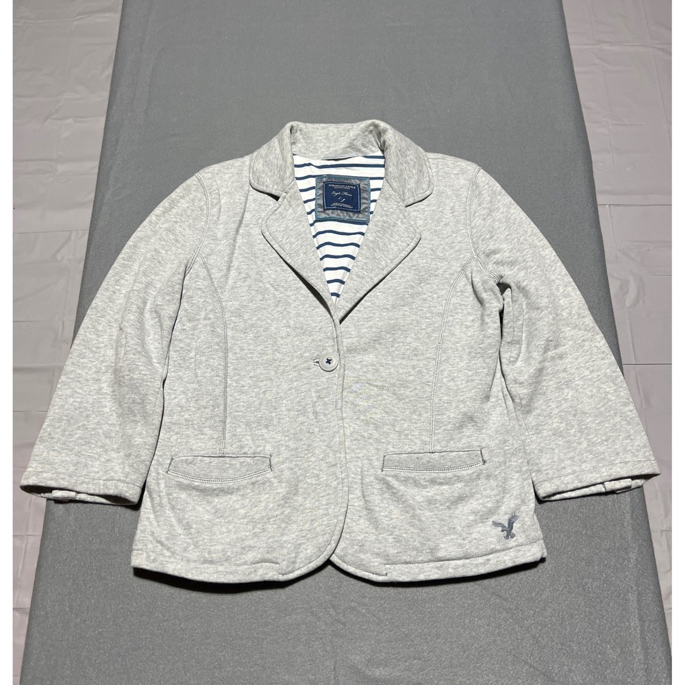 American Eagle Outfitters Gray Eagle Fleece Blazer Striped Lining Large L